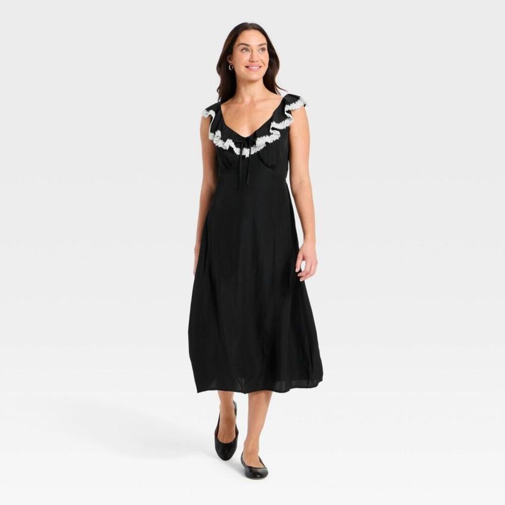 Open Box - Universal Thread - Women's Ruffle Lace Midi A-Line Dress - Black